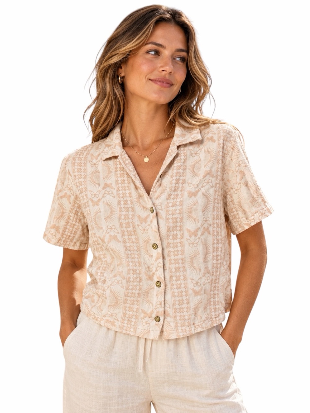 Roark Medium Open Roads Open Minds Beige & Ivory Cropped Boxy Shirt